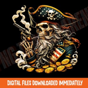 Könnte beinhalten: Eine digitale Illustration eines Schädels, der einen Piratenhut mit amerikanischem Flaggenmuster trägt. Der Schädel hält eine Pistole und eine Pfeife. Der Schädel ist von Goldmünzen umgeben.