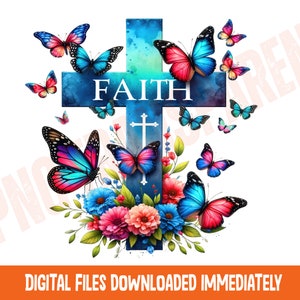Faith Cross with Butterflies PNG: Floral Sublimation Design