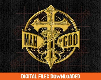 May include: A gold-colored emblem featuring a central cross intertwined with a crown of thorns, enclosed within a circular frame. The text MAN OF GOD is displayed on a banner across the center. The design is set against a dark textured background.