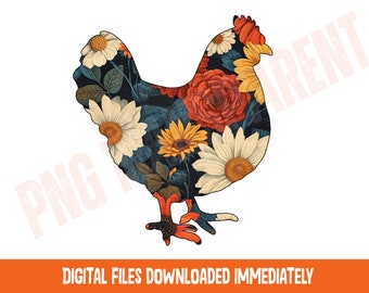 Retro Floral Chicken PNG: Boho Farmhouse Sublimation Design (Digital Download)
