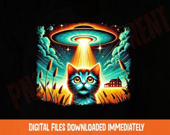 Funny Alien Cat UFO Png: Retro Cosmic Design (Digital Download)