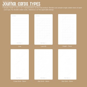 Sample renders of different note card types that buyers can select. There are 6 variations in total including, line, line VD (line with vertical dots), graph, cross grid, and dot grid 4mm or 5mm.