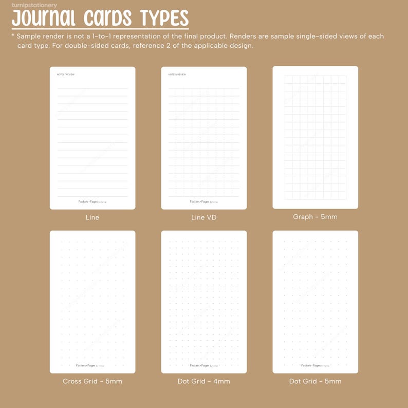 Sample renders of different note card types that buyers can select. There are 6 variations in total including, line, line VD (line with vertical dots), graph, cross grid, and dot grid 4mm or 5mm.