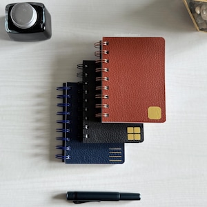 Customizable Faux Leather Softcover Notebook – Mini Spiral Bound Notebook with Graph, Line, Dot, or Blank Pages in Black, Brown, or Blue