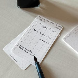 May include: A close-up of a white pocket-sized planner with a dot grid pattern. The planner is open, displaying a schedule for Monday, December 3, 2025, with handwritten notes and a temperature reading. A black fountain pen rests on the planner.