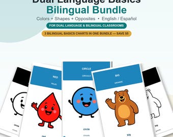 May include: A TinyPodKit bilingual bundle featuring educational charts for colours, shapes, and opposites in English and Spanish. The set includes cards with illustrations of a red droplet, a blue circle, and a brown bear, with text labels.