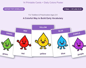 May include: A set of 14 printable colour flashcards and a daily colours poster featuring cartoon-style water droplets in green, red, yellow, blue, and purple. Each card displays the colour name in uppercase and lowercase text on a white background.