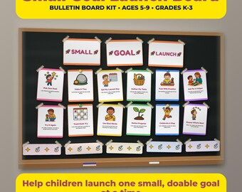 May include: A Small Goal Launch Board bulletin board kit featuring twelve illustrated poster cards with text including Small, Goal, Launch, Pick One Goal, Make It Tiny, Set My Launch Day, Gather My Tools, Fuel With Practice, and Ask For A Helper.
