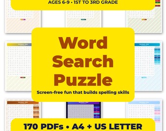 May include: A collection of printable kids word search puzzles for ages 6 to 9. The digital download includes 170 PDFs in A4 and US Letter sizes. The text reads Kids Word Search Puzzle Printable Ages 6-9 1st to 3rd Grade and Word Search Puzzle.