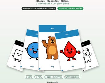 May include: A bundle of educational flashcards titled LITTLE LEARNER BASICS, featuring shapes, opposites, and colours. The cards display cartoon illustrations including a blue circle, a brown bear, and a red droplet, with text labels like big, red, square, circle, and small.