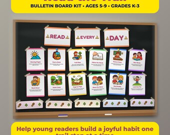 May include: A bulletin board kit titled Read the Trail featuring twelve colourful poster cards with illustrations and text for children. The cards display reading activities like Morning Pages, Pack a Book, and Trail Stop, arranged on a black board.