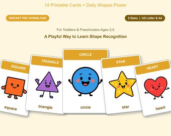 May include: A set of printable flashcards titled SHAPES FLASHCARDS, 14 Printable Cards + Daily Shapes Poster, 3 Sizes | US Letter & A4. The cards feature cartoon characters of a square, triangle, circle, star, and heart with faces and limbs.