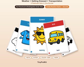 May include: A bundle of educational flashcards featuring illustrations of a blue t-shirt, a yellow sun with sunglasses, and a yellow bus. The cards include text labels like T-SHIRT, SUNNY, and BUS. The header reads READY TO GO! Weather + Getting Dressed + Transportation.