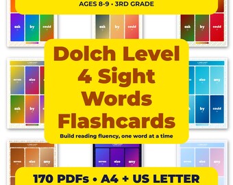 May include: A collection of 39 sight word cards for 3rd grade students, featuring Dolch Level 4 vocabulary. The printable flashcards display words like ask, by, could, across, also, and any on colourful gradient backgrounds in various layouts.