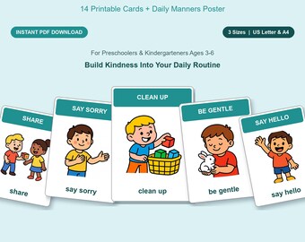 May include: A set of printable cards titled MANNERS & SOCIAL SKILLS featuring 14 cards and a daily manners poster. The cards display illustrations of children performing actions like sharing, saying sorry, cleaning up, being gentle, and saying hello.