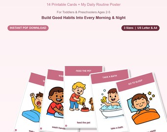 May include: A set of printable cards titled DAILY ROUTINES & CHORES featuring illustrations of children performing tasks like wake up, wash hands, feed the pet, take a bath, and go to sleep. The cards include text labels and colourful graphics.