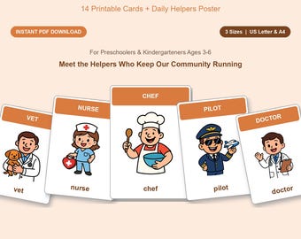 May include: A set of printable cards titled COMMUNITY HELPERS featuring illustrations of a vet, nurse, chef, pilot, and doctor. Each card displays the professional title in a brown header and the corresponding role name in brown text below the character.