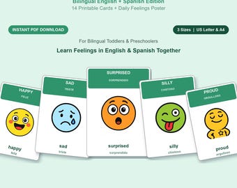 May include: A set of bilingual English and Spanish emotions flashcards featuring colourful circular faces with expressions for happy, sad, surprised, silly, and proud. The cards have green headers with text and white backgrounds. The text reads Emotions Flashcards.