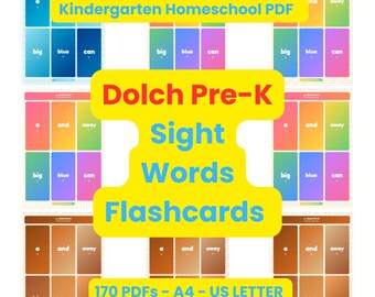 May include: A collection of printable sight word flashcards featuring the text Dolch Pre-K Sight Words Flashcards. The cards are arranged in grids with various gradient backgrounds, displaying words like a, big, blue, can, and, and away.