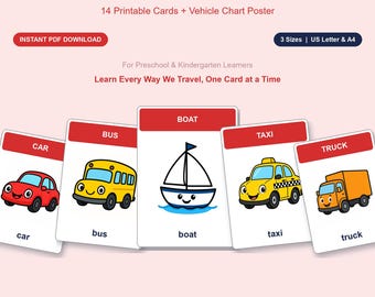 May include: A set of printable transportation cards and a vehicle chart poster featuring illustrations of a car, bus, boat, taxi, and truck. Each card displays the vehicle name in red and black text. The text includes TRANSPORTATION, 14 Printable Cards + Vehicle Chart Poster, INSTANT PDF DOWNLOAD, 3 Sizes | US Letter & A4, For Preschool & Kindergarten Learners, Learn Every Way We Travel, One Card at a Time, and TinyPodKit.