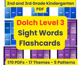 May include: A collection of 41 sight word cards for 2nd and 3rd grade, featuring Dolch Level 3 sight words on blue and purple gradient backgrounds. The cards display words like carry, clean, cut, about, better, and bring in white text.