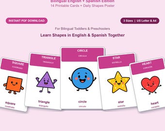 May include: A set of bilingual English and Spanish shapes flashcards featuring an orange square, purple triangle, blue circle, yellow star, and red heart. Each card displays the shape name in both languages with a cartoon character illustration.