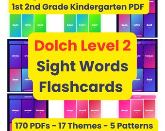 May include: A collection of printable sight word flashcards featuring 46 cards for 1st and 2nd grade and kindergarten levels. The cards display words like been, before, best, always, around, and because on colourful gradient backgrounds.