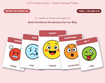 May include: Emotions flashcards set featuring 14 printable cards and a daily feelings poster. The cards display colourful circular faces representing emotions labelled angry, sad, happy, surprised, and silly with text in red and white boxes.