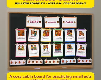 May include: A Kindness Cabin bulletin board kit featuring twelve illustrated poster cards with acts of kindness, three header cards spelling COZY KINDNESS CABIN, and five border strips with mitten and mug icons on a black board.