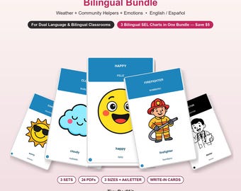 May include: A bilingual educational bundle featuring Daily Life and SEL charts. The set includes cards with illustrations of weather, community helpers, and emotions, labelled in English and Spanish. Text includes Daily Life & SEL, TinyPodKit, and 3 sets.