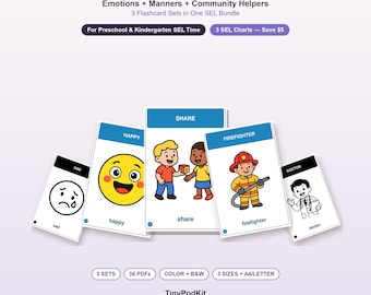 May include: A digital bundle of educational flashcards titled FEELINGS & FRIENDS, featuring illustrations of emotions, manners, and community helpers. The set includes colour and black-and-white cards showing a sad face, a happy face, children sharing, a firefighter, and a doctor.