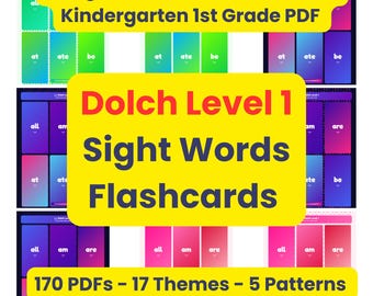 May include: A collection of 41 printable sight word cards for kindergarten and 1st grade, featuring Dolch Level 1 words like at, ate, be, all, am, and are. The cards are displayed in various colourful gradient backgrounds across multiple PDF pages.