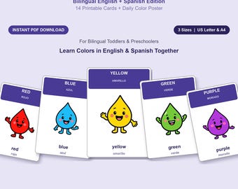 May include: A set of bilingual English and Spanish educational cards featuring cartoon water droplets in red, blue, yellow, green, and purple. Each card displays the colour name in both languages above and below the character. Text includes COLORS, Bilingual English + Spanish Edition, 14 Printable Cards + Daily Colour Poster, INSTANT PDF DOWNLOAD, 3 Sizes | US Letter & A4, For Bilingual Toddlers & Preschoolers, Learn Colours in English & Spanish Together, and TinyPodKit.
