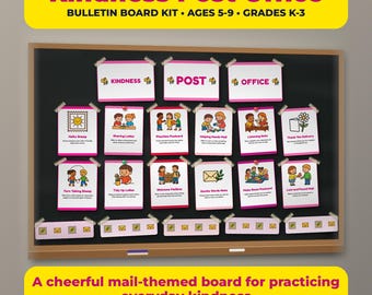 May include: A Kindness Post Office bulletin board kit featuring a black board with twelve white cards displaying illustrations and text about kindness, topped with a yellow header and bottomed with a yellow footer containing product details.