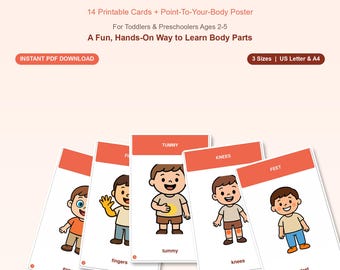 May include: A set of educational cards titled BODY PARTS featuring illustrations of a child pointing to eyes, fingers, tummy, knees, and feet. The cards include text labels for each body part and the brand name TinyPodKit at the bottom of the display.