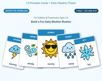 May include: Weather flashcards set featuring 14 printable cards and a daily weather poster. The cards display illustrations of weather conditions including stormy, windy, sunny, rainy, and icy with corresponding text labels in a blue and white colour scheme.