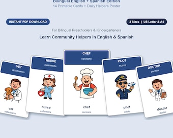 May include: A set of bilingual English and Spanish educational cards titled Community Helpers. The cards feature illustrations of a vet, nurse, chef, pilot, and doctor with their respective job titles in both languages. Text includes Instant PDF Download.