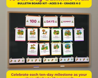 May include: A 100th Day Summit Trail bulletin board kit featuring a yellow header with purple text, ten rectangular cards with colourful illustrations of trails and milestones, and five horizontal strips with small tree and footprint icons.