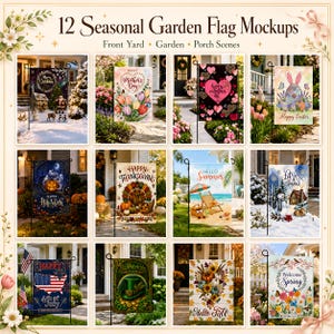 Könnte beinhalten: Eine digitale Anzeige von 12 saisonalen Gartenflaggen-Mockups mit verschiedenen Feiertags- und Saisonthemen, darunter Weihnachten, Muttertag, Valentinstag, Ostern, Halloween, Thanksgiving, Sommer, Winter, 4. Juli, St. Patrick's Day, Herbst und Frühling.