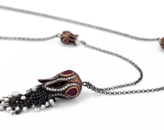 Vintage Style Tassel Necklace - Dual tone designer tulip tassel jewelry with birthstones. Long chain necklace with ruby stones.