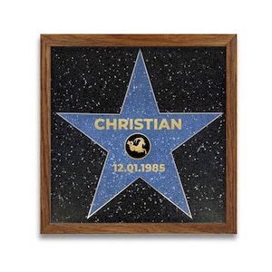 Könnte beinhalten: Ein gerahmter blauer Stern mit einem goldenen Sternzeichen und dem Text "CHRISTIAN 12.01.1985" auf schwarzem Hintergrund mit weißen Punkten.