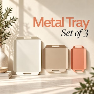 May include: A set of three metal trays with integrated handles, featuring a graduated size design. The largest tray is white, the medium tray is beige, and the smallest tray is terracotta. The text Metal Tray Set of 3 is displayed above.