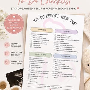 May include: A third trimester to-do checklist printed on white paper with four color-coded sections: Cleaning, Prepping, Hospital Bag, and Postpartum. The document includes checkboxes and lists tasks for pregnancy preparation, featuring pink heart accents.