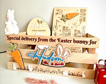 Personalized Wooden Easter Crate | Kids Bunny Name Box, Reusable Spring Gift Hamper