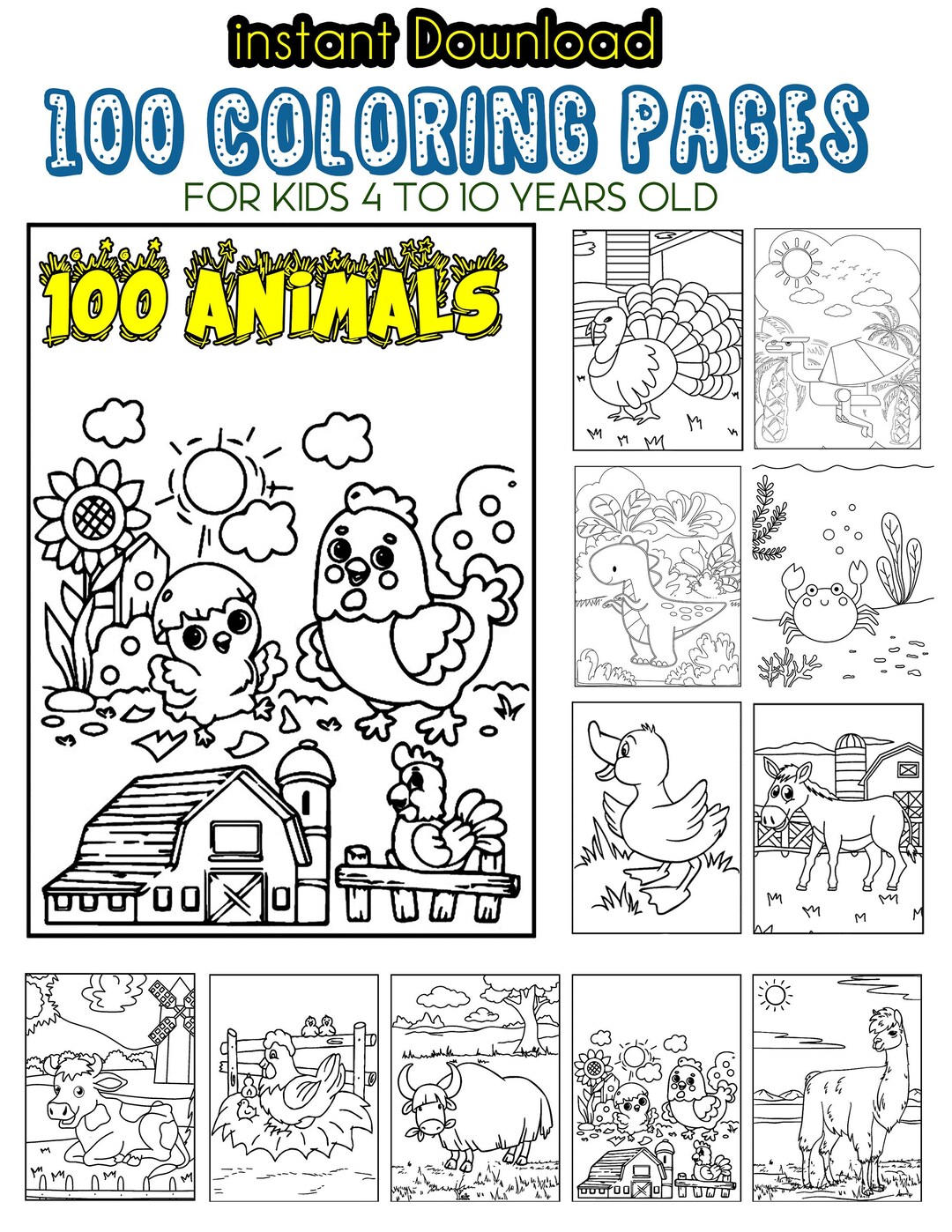 Kids Coloring Book Animals, 100 Coloring Animals: for Kids Aged 4-10 - Etsy