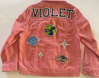 Kids Coral/Pink Personalised Denim Jacket, Preloved, Patch Jacket, Jean Jacket, Birthday Gift, Christmas Gift, Kid, Toddler, Child