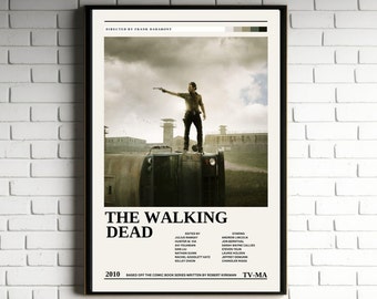 May include: A movie poster for the TV show "The Walking Dead" featuring a man standing on a truck with a gun in his hand. The poster is set against a backdrop of a prison and a cloudy sky. The text on the poster reads "The Walking Dead" and "2010".