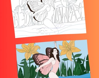 Butterfly and flowers coloring page