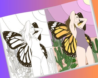 Coloring page butterfly desert