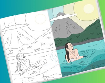 Coloring page mermaid mountains